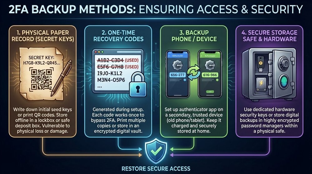 2FA backup methods - secret keys, backup devices, recovery codes