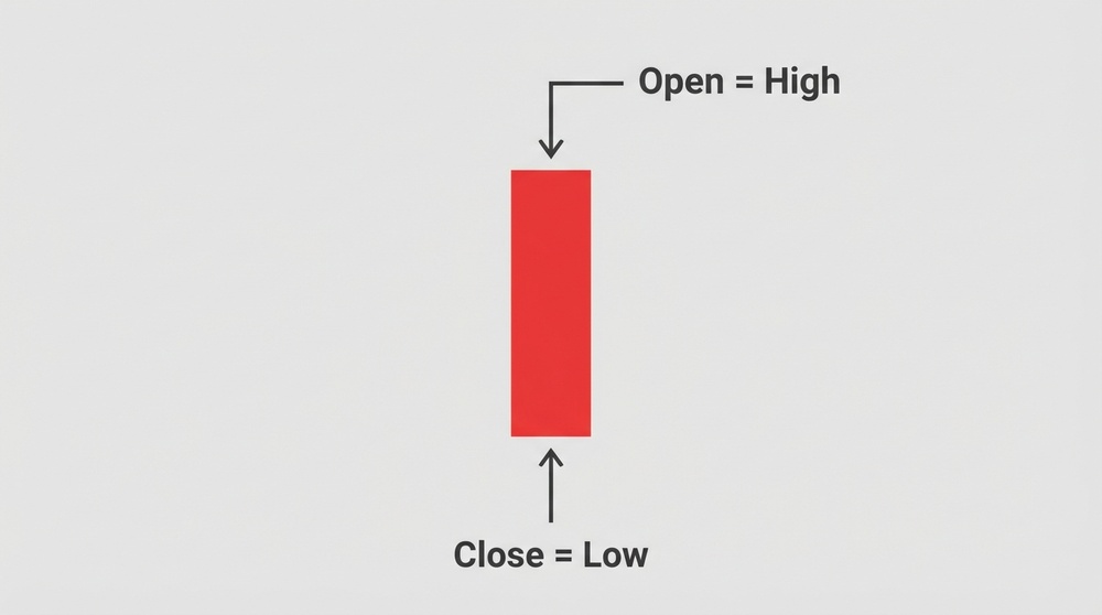 Bearish Marubozu candle without shadows - strong downward momentum