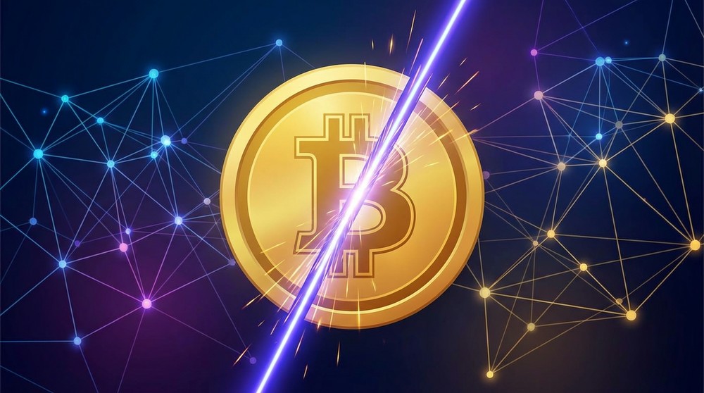 Illustration des Bitcoin Halvings — BTC-Symbol wird vor einem Blockchain-Netzwerk-Hintergrund halbiert