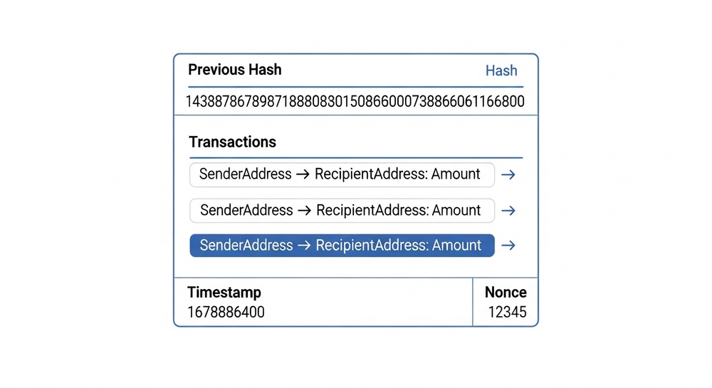 Structure of a blockchain block: transactions, hash, timestamp
