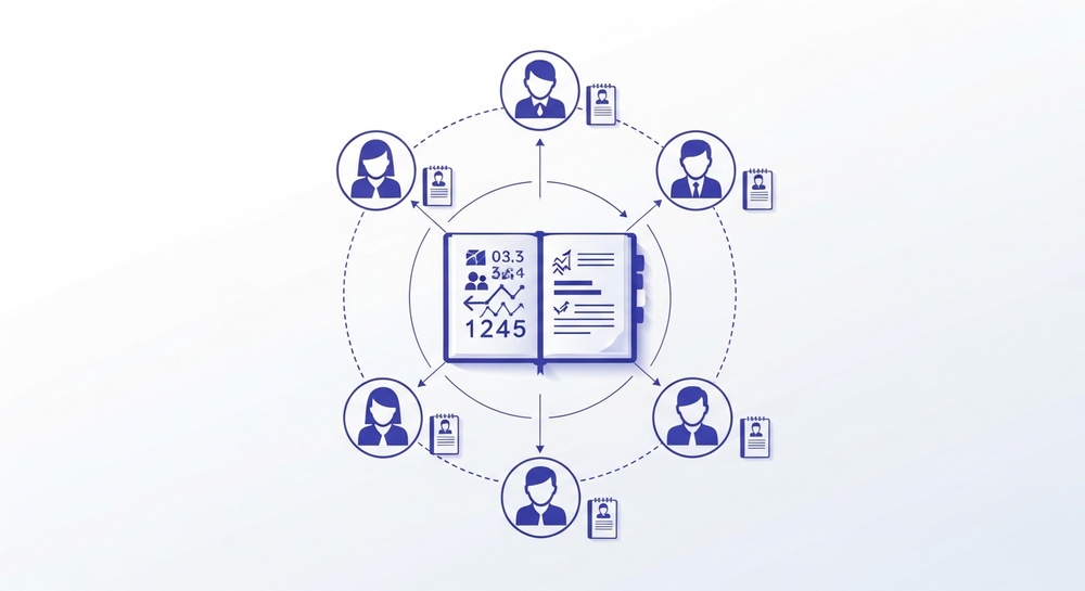 Blockchain analogy with a shared class notebook - visualization of a distributed database