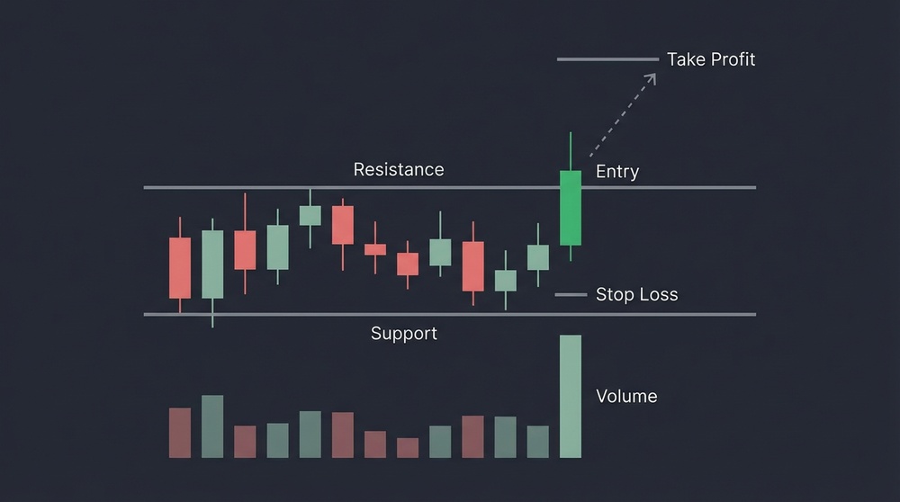 Consolidation breakout strategy example with entry, stop-loss, and profit target markers