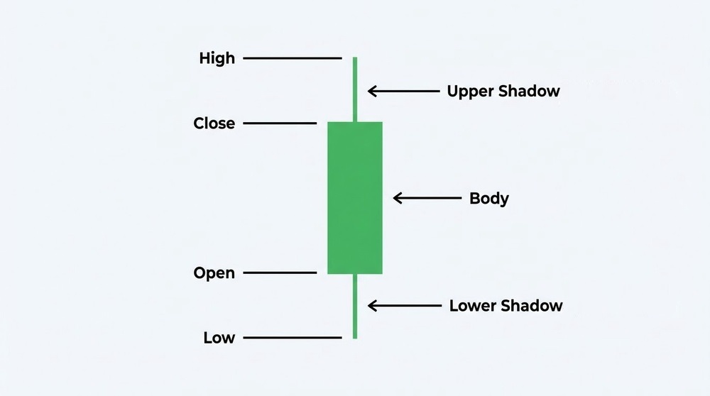 Japanese candlestick anatomy - body and shadow structure with Open, Close, High, Low labels