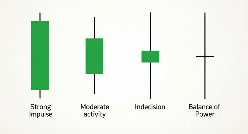Comparison of candles with different body sizes - from large to doji