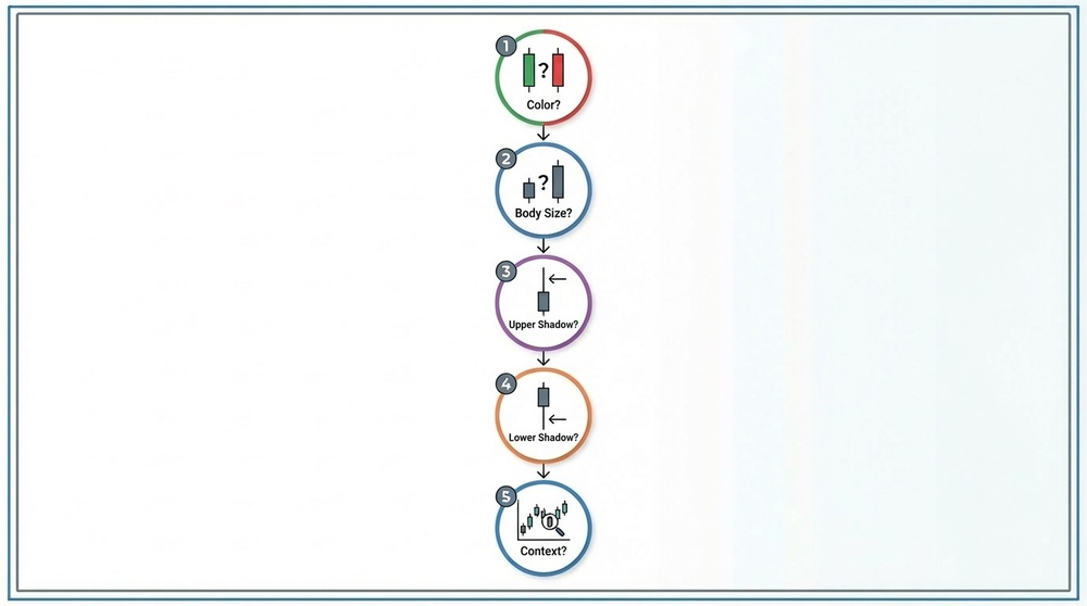 Infographic of Japanese candlestick reading algorithm - 5 analysis steps