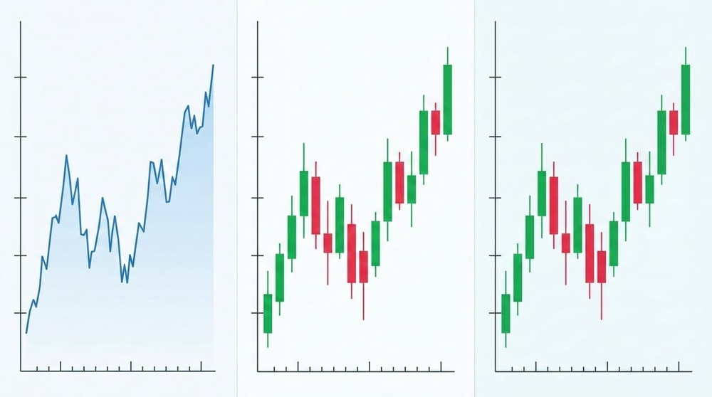 Comparison of chart types: line, bars, and Japanese candlesticks — advantages of candlestick analysis