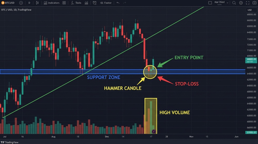 Complete example of combined chart analysis with marked levels, pattern, and volume