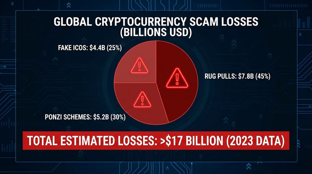 Cryptocurrency scam statistics and fraudulent project infographic showing investor losses