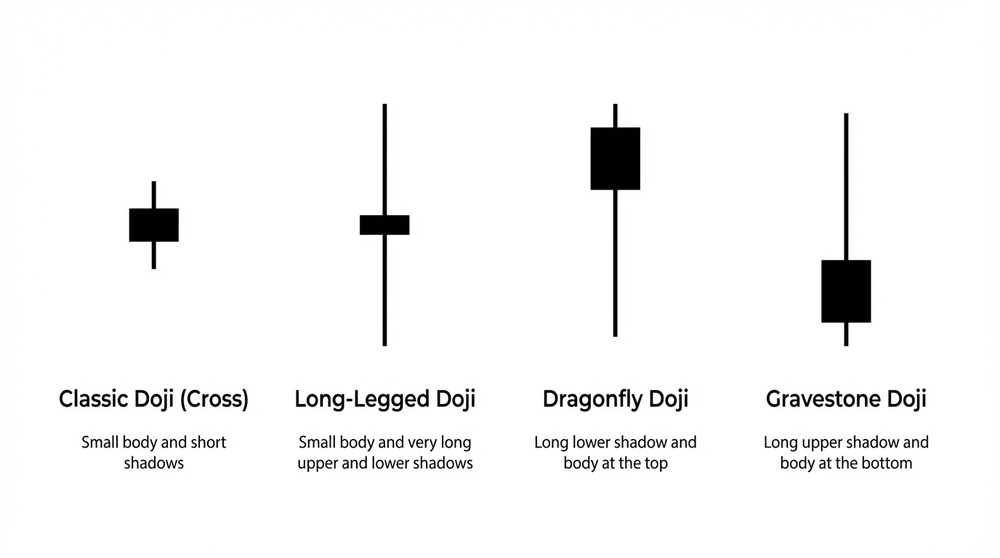 Types of Doji candles: classic, long-legged, dragonfly, gravestone