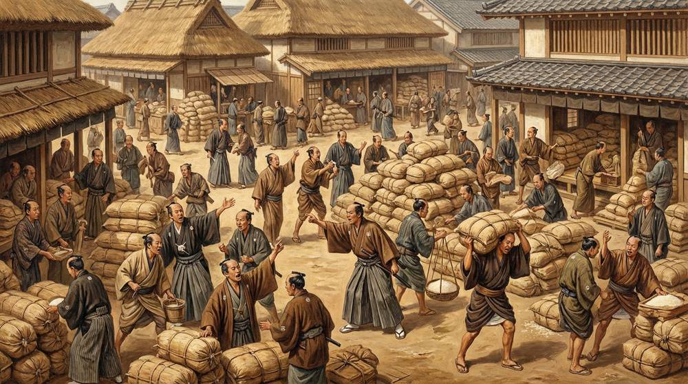 Historical illustration of the Dōjima Rice Exchange in Osaka — birthplace of candlestick analysis