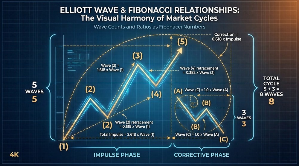Elliott Wave Theory diagram with five impulse waves and three corrective waves