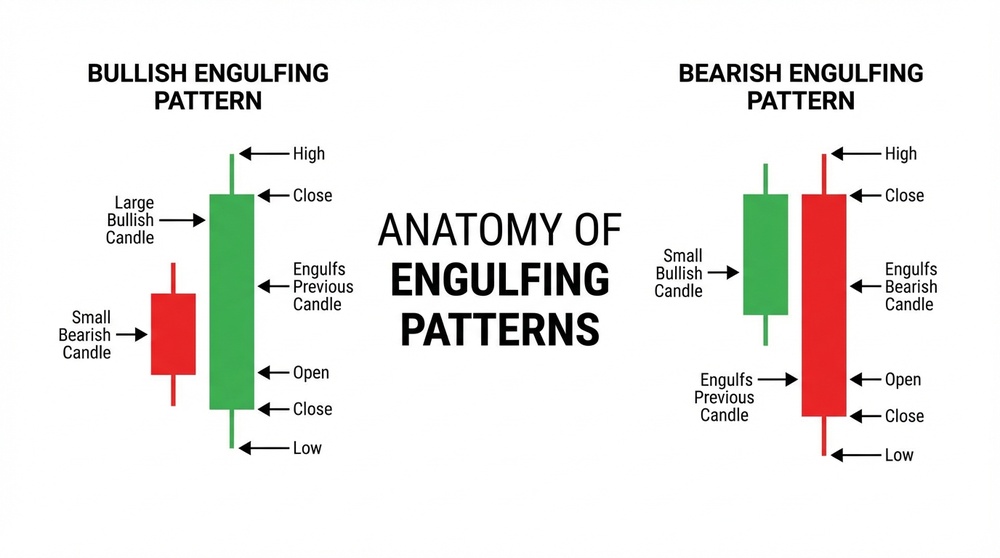 Anatomy of engulfing pattern - bullish and bearish engulfing on cryptocurrency chart