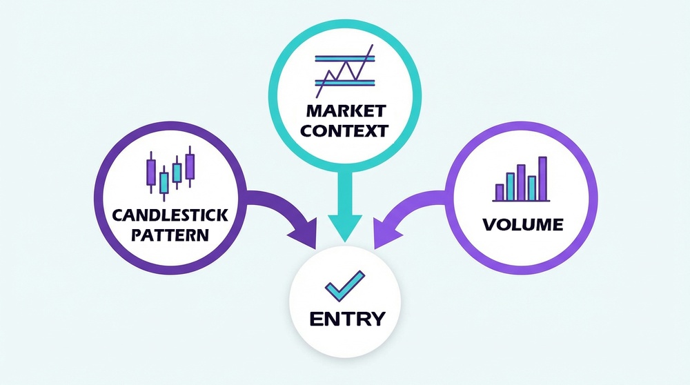 Trade entry anatomy with three key elements: candlestick pattern, market context, and volume
