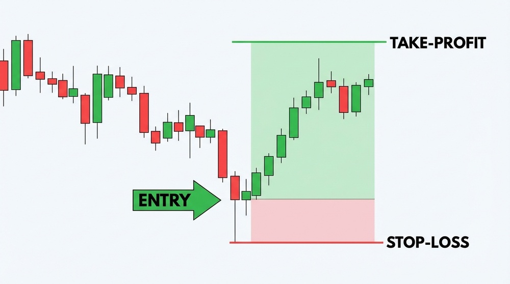Entry point using multi-timeframe analysis with stop-loss and take-profit markup