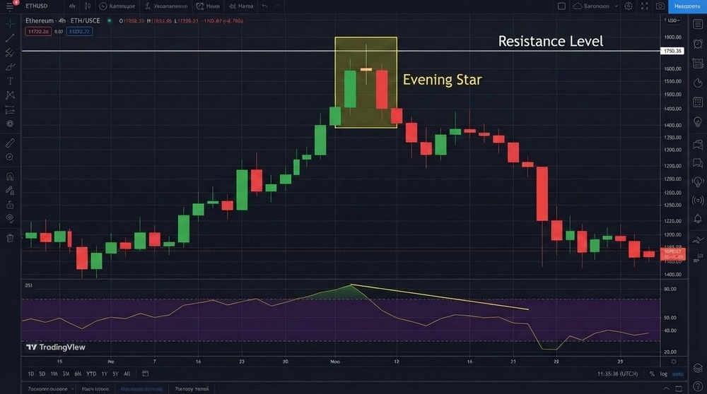 Evening star example on Ethereum chart with analysis