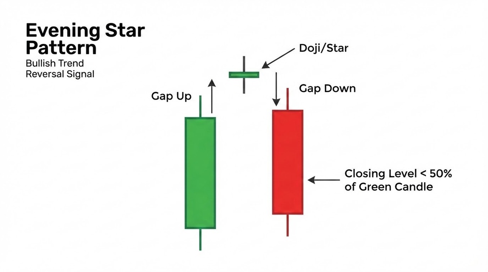 Evening Star pattern structure - bearish reversal on cryptocurrency chart