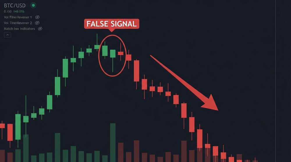 Example of a false candlestick signal on a cryptocurrency chart - hammer failed to trigger reversal
