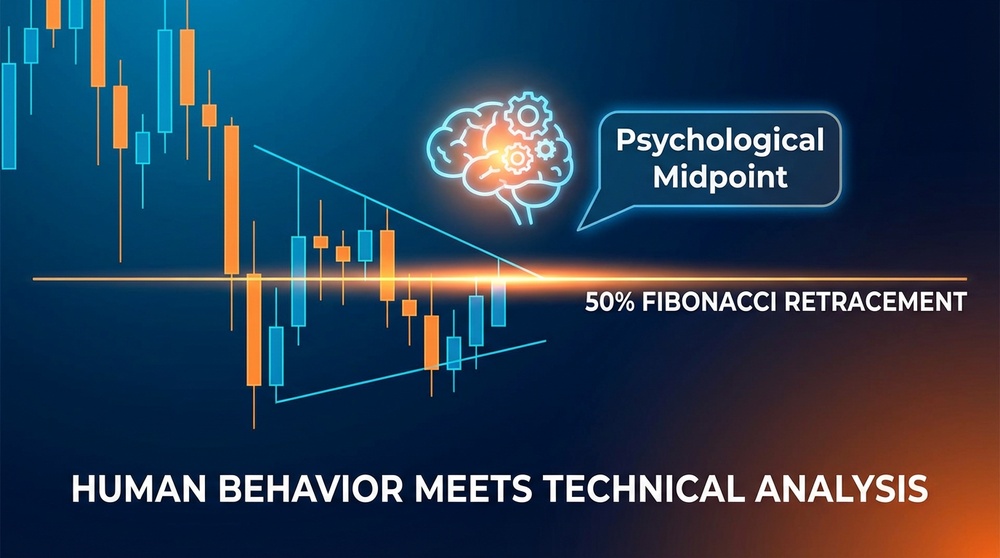 Cryptocurrency chart highlighting the 50% Fibonacci retracement level and psychological support zone