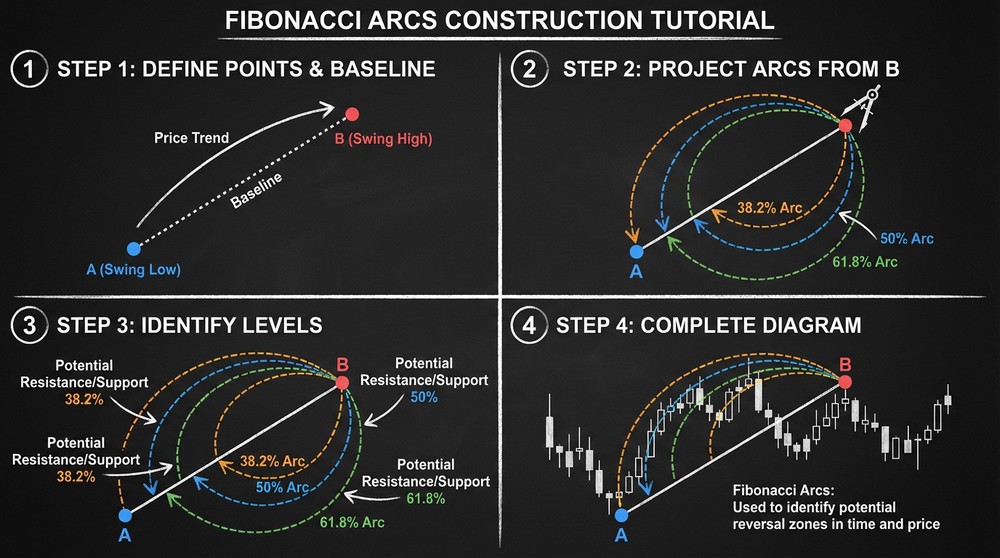Step-by-step Fibonacci arcs construction on Bitcoin chart