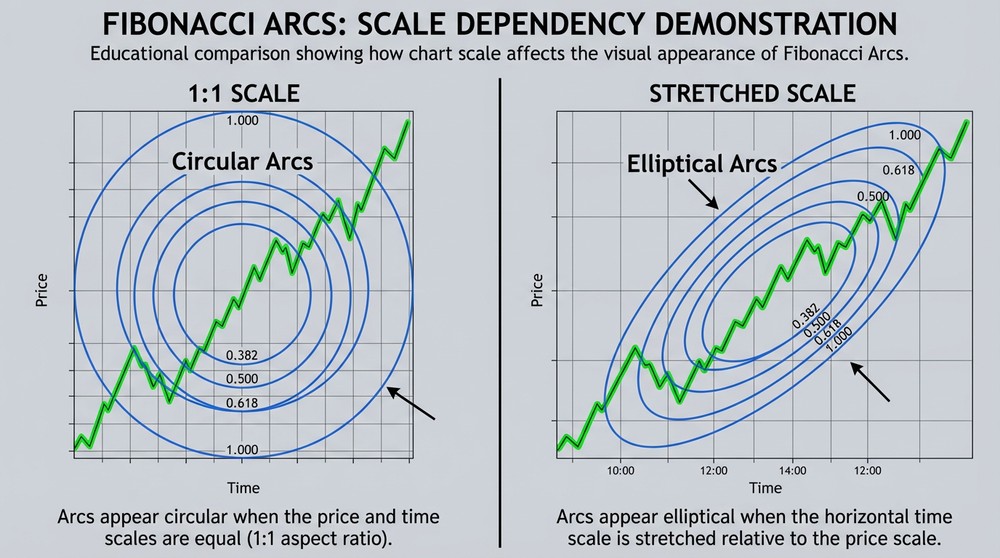 Chart scale impact on Fibonacci arcs shape