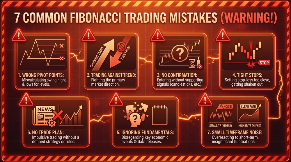 Infographic showing 7 common mistakes when using Fibonacci levels and how to avoid them