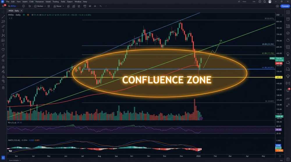 Chart showing confluence example of Fibonacci levels, horizontal support, trendline, and moving averages