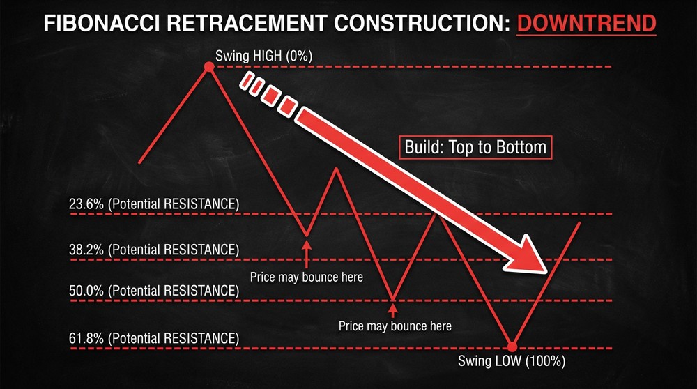 Diagram showing how to draw Fibonacci levels in a downtrend from high to low