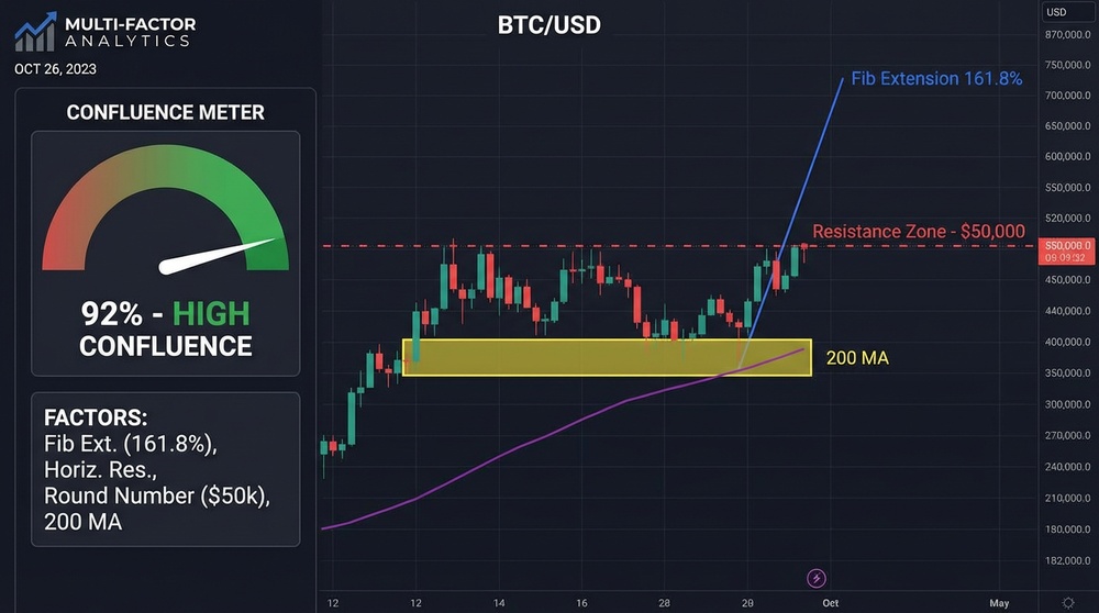 Fibonacci level confluence with horizontal levels and moving averages