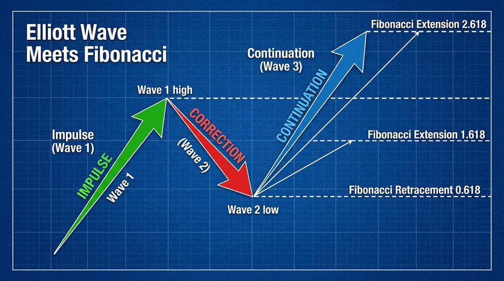 Fibonacci Extension wave logic — impulse, correction, trend continuation