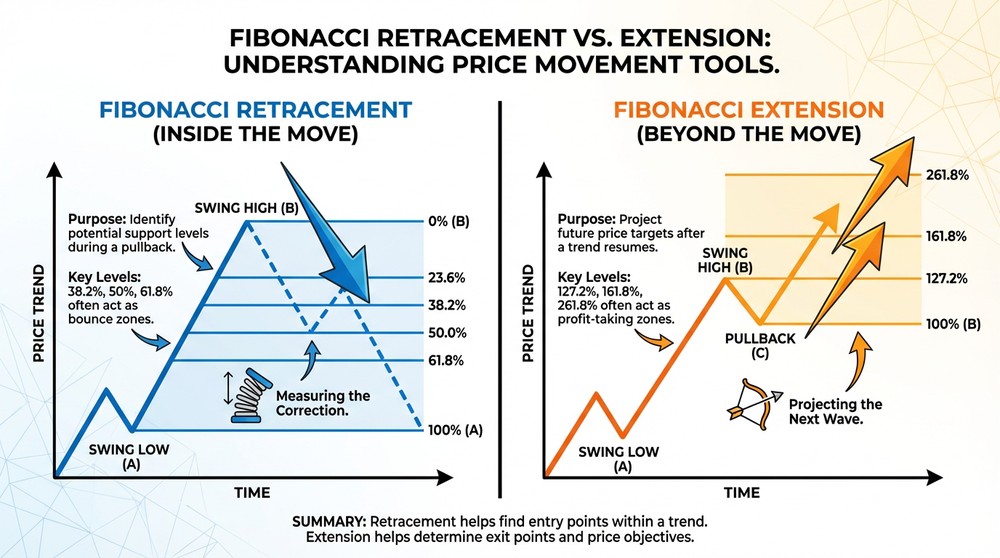 Fibonacci Extension overview on cryptocurrency chart — key profit target levels
