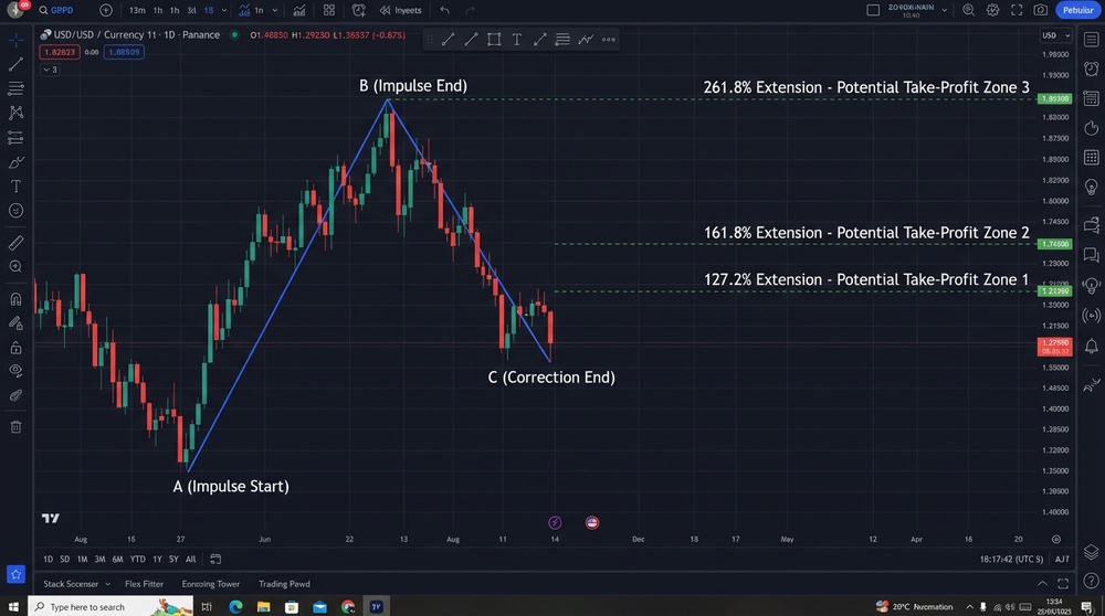 Fibonacci extension for determining profit targets in crypto trading