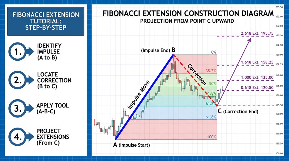 Drawing Fibonacci Extension using A-B-C three-point method on cryptocurrency chart