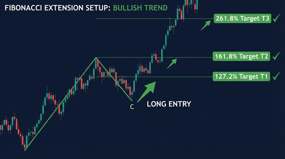 Fibonacci Extension in uptrend — determining targets for long position