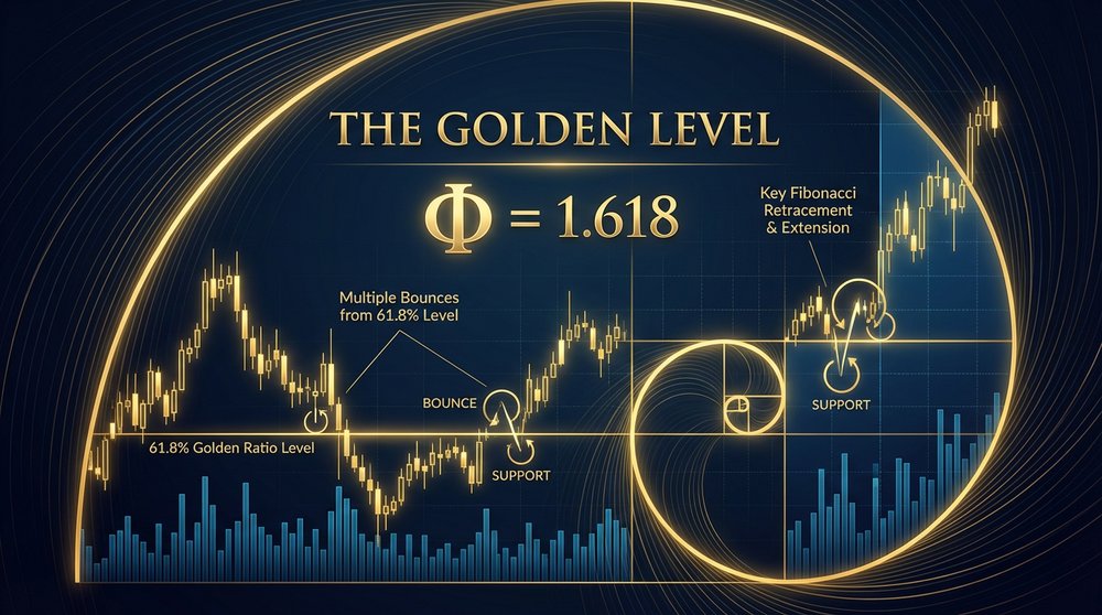 Visualization of the 61.8% golden ratio on a cryptocurrency chart with examples of bounces from this level