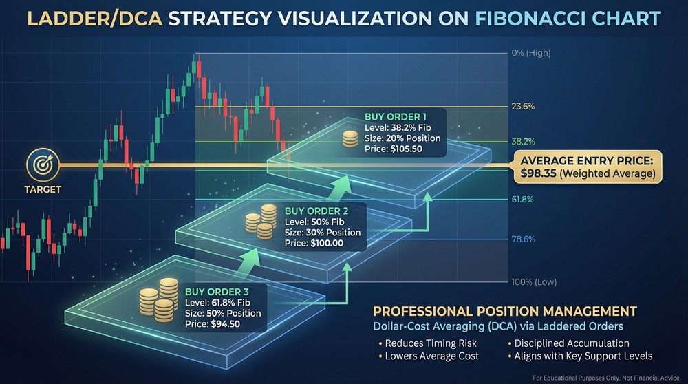 Visualization of the 'Ladder' strategy with order placement at 38.2%, 50%, and 61.8% Fibonacci retracement levels
