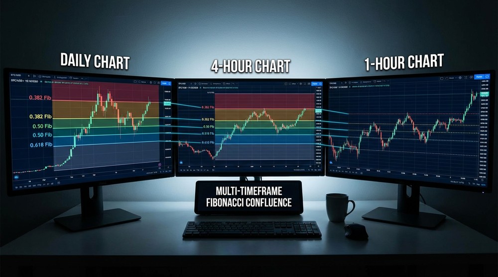 Comparison of Fibonacci levels on different timeframes — daily, 4-hour, and 15-minute charts