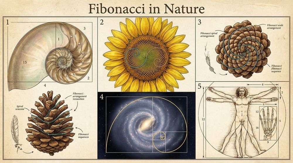 Examples of Fibonacci numbers in nature: sunflower, nautilus shell, galaxy spiral, leaf arrangement