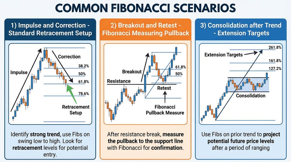 Three typical Fibonacci construction scenarios — impulse-correction, breakout-retest, trend-consolidation