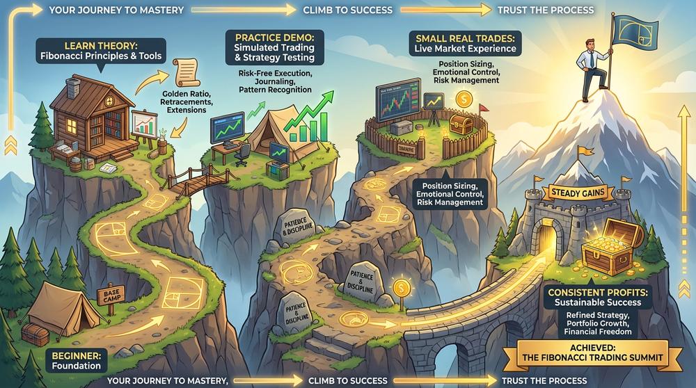 Visual roadmap from beginner to professional trader using Fibonacci analysis