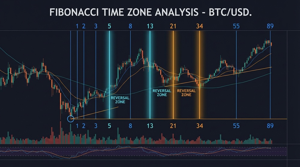 Fibonacci Time Zones on cryptocurrency chart — example of vertical lines for predicting reversals