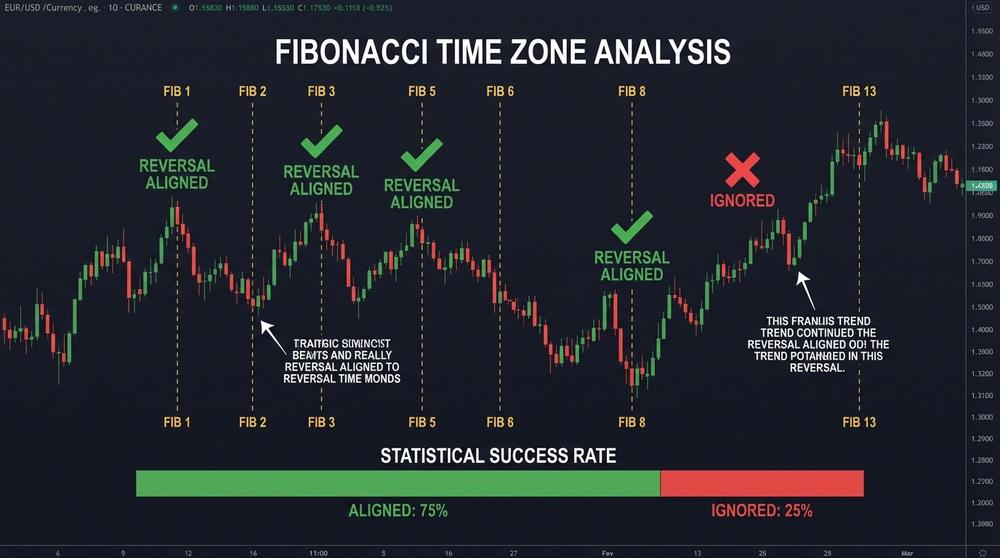 Examples of Fibonacci Time Zone signals — trend reversals at vertical lines