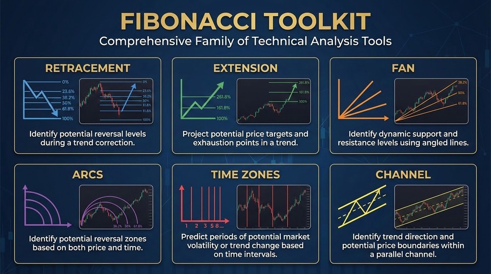 Types of Fibonacci Tools for Technical Analysis Overview of all Fibonacci tools on a cryptocurrency trading chart