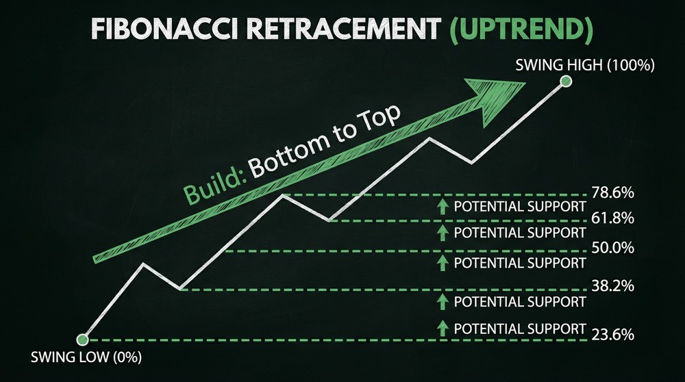 Diagram showing how to draw Fibonacci levels in an uptrend from low to high