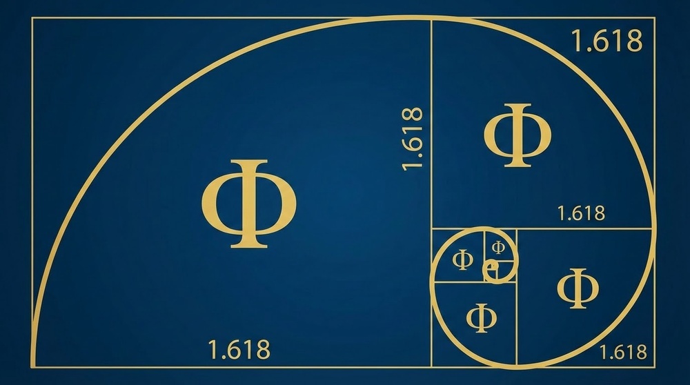 Golden Fibonacci spiral with overlaid rectangles and numerical proportions