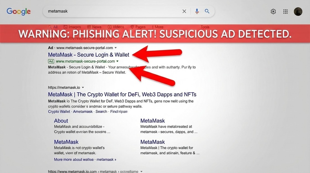 Example of phishing ads in Google Ads for crypto sites - MetaMask, Binance, Ledger