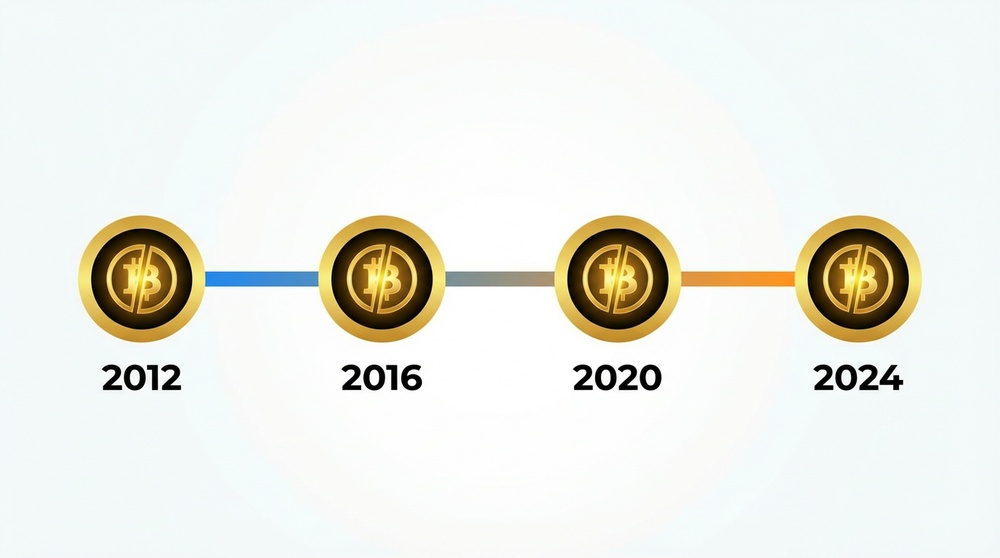 Zeitleiste aller Bitcoin Halvings mit Daten und Belohnungen