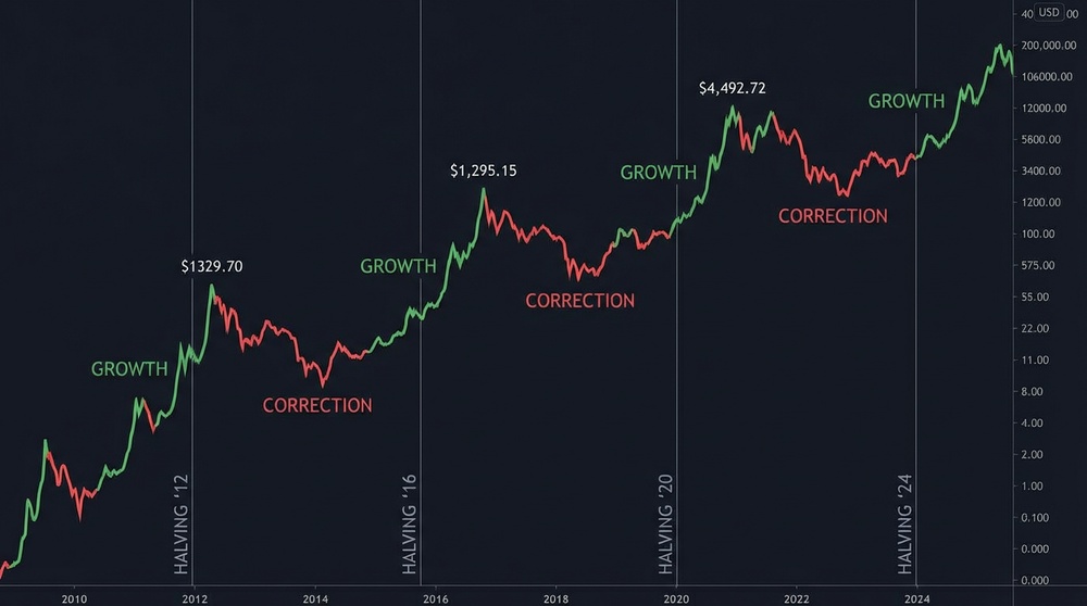 Zyklisches Bitcoin-Preisdiagramm mit Halving-Markierungen und anschließenden Bullenmärkten