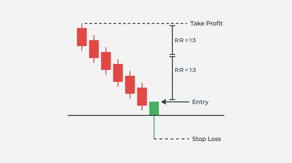 Hammer pattern entry strategy at support level with stop-loss and take-profit markers