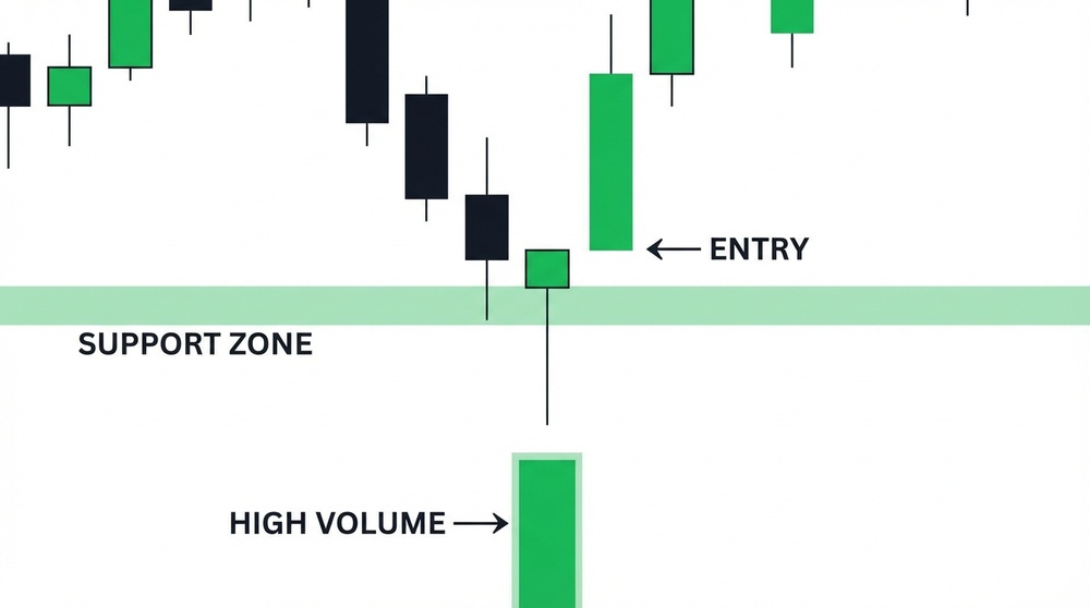 Hammer candle at support level with elevated volume - long entry point