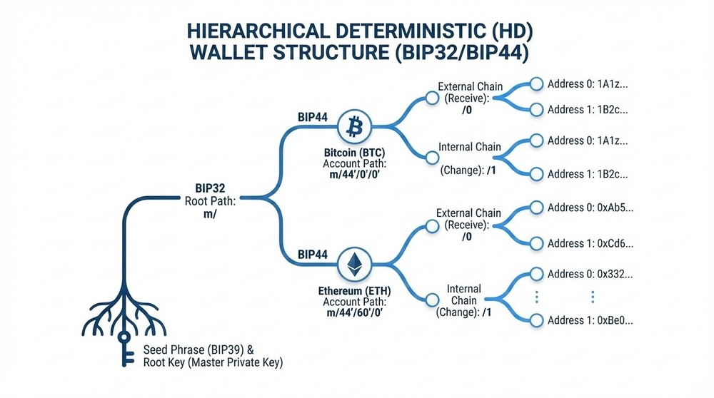 HD wallet hierarchical structure diagram - key tree from a single seed phrase